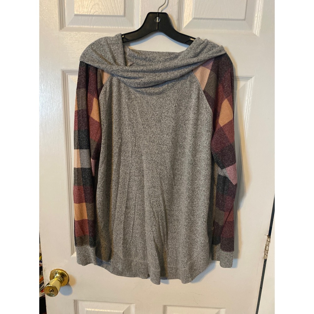 Maurices Heather Grey Plaid Raglan Sleeve Cowl Neck Pullover Sweater Large